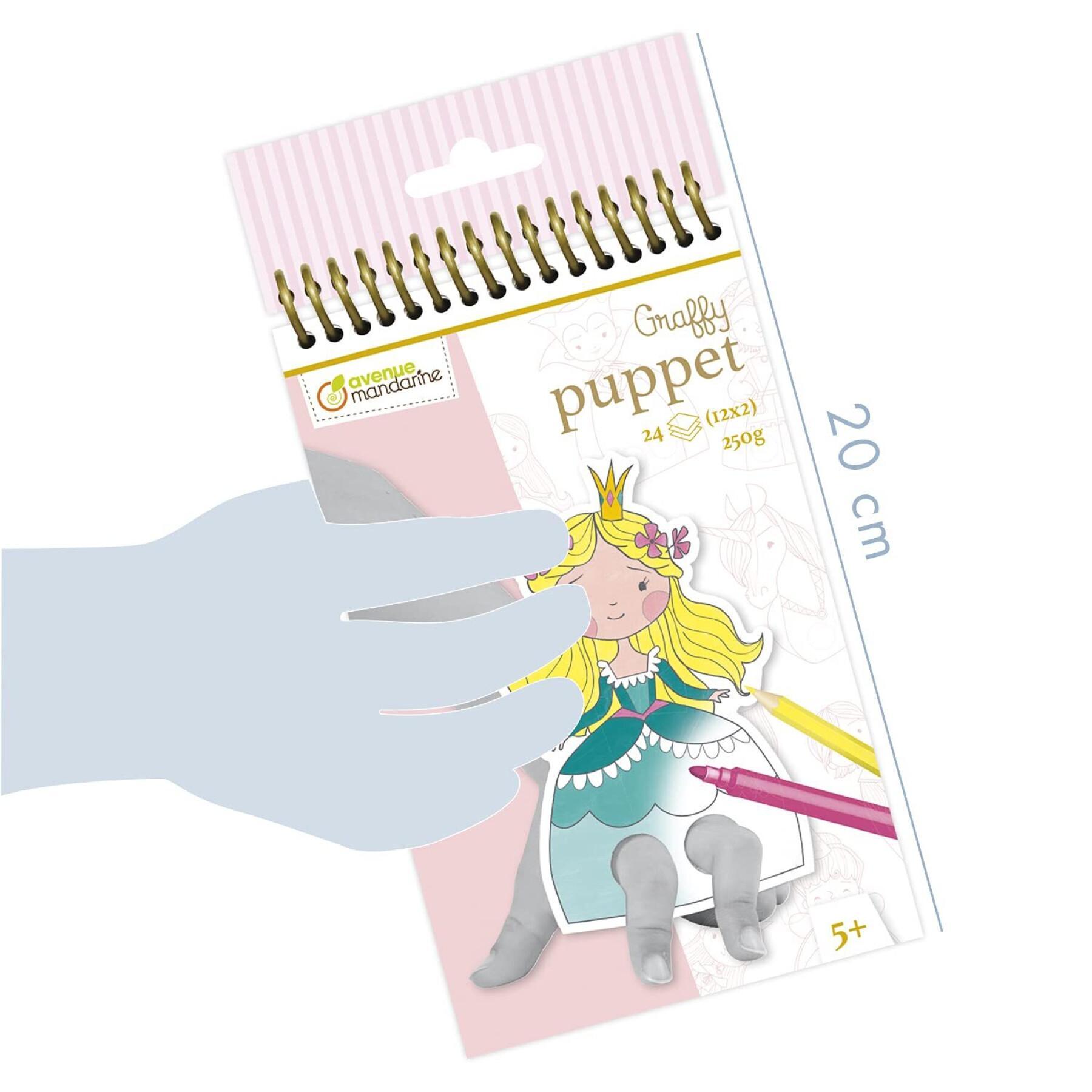Klein boekje met 24 voorgeknipte vingerpoppetjes om in te kleuren Avenue Mandarine Graffy Puppet, Prince et Princesse