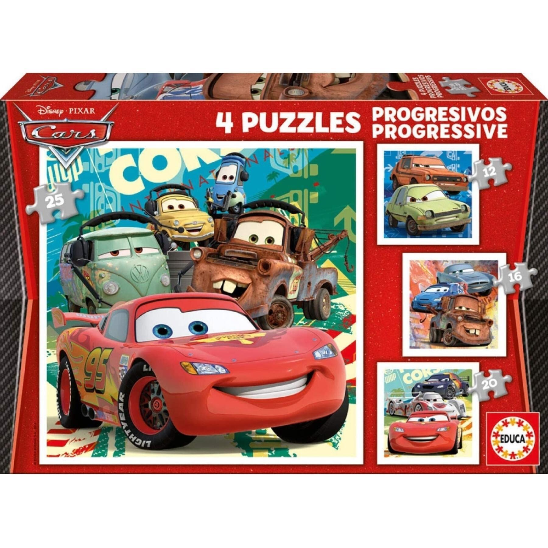 4 in 1 puzzel met 12 tot 25 progressieve stukjes Educa Cars