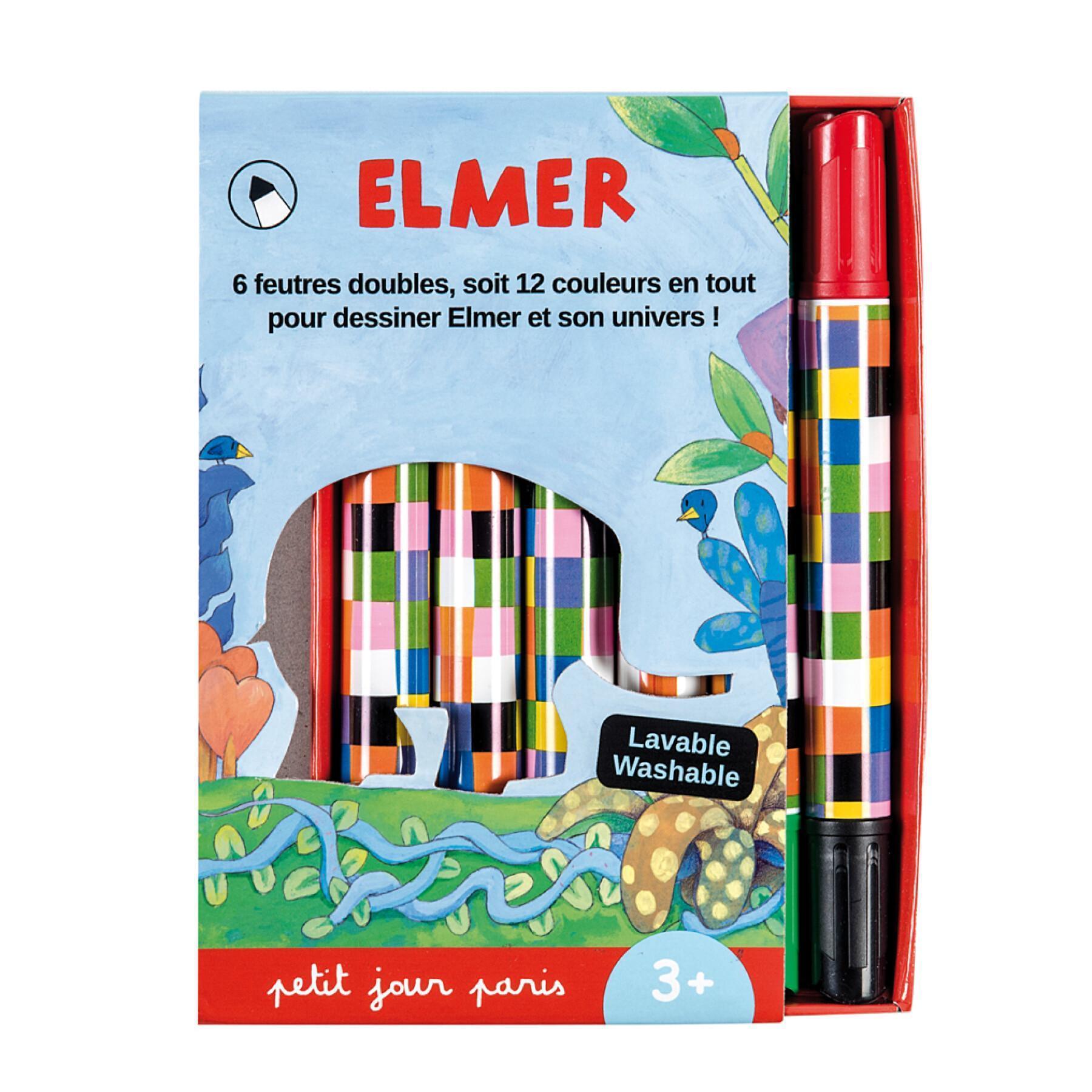 Doos met 6 kinderstiften met dubbele punt in twee kleuren Petit Jour Elmer